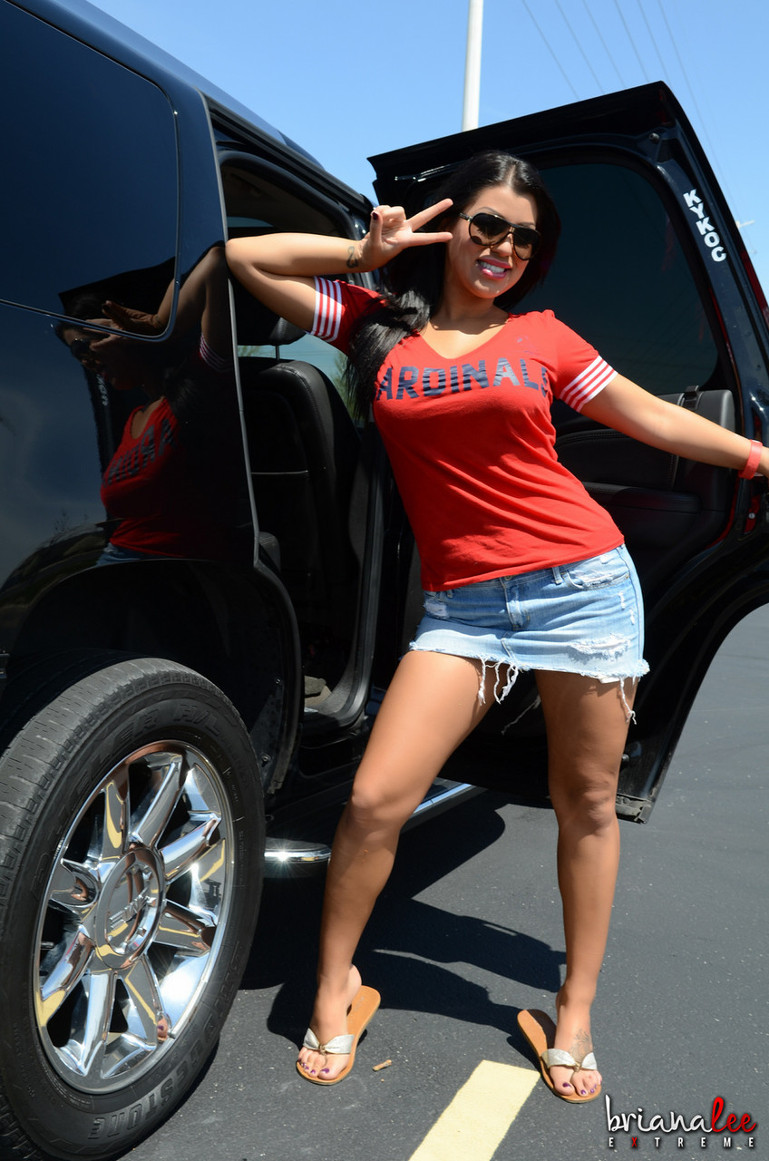 ブラネットのブリアナリーが車のシートでオナニーしながら大きなおっぱいを見せる