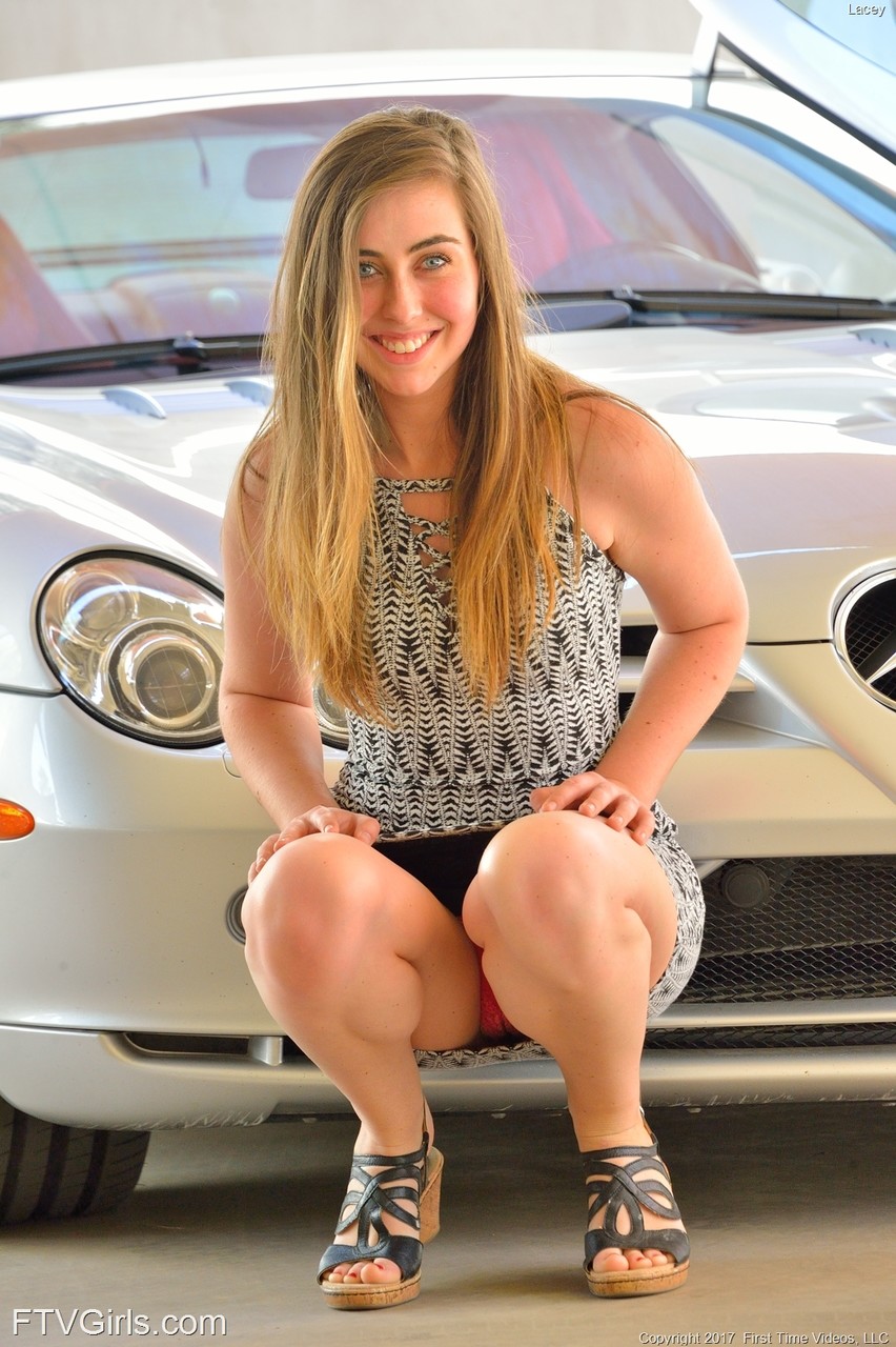 Lacey Babe with Sexy Blue Eyes Toys Horny Pussy on Classy Car