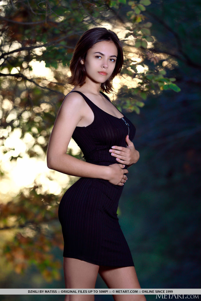 مراهقة بمؤخرة تموت من أجلها تخلع فستانها الأسود في الغابة