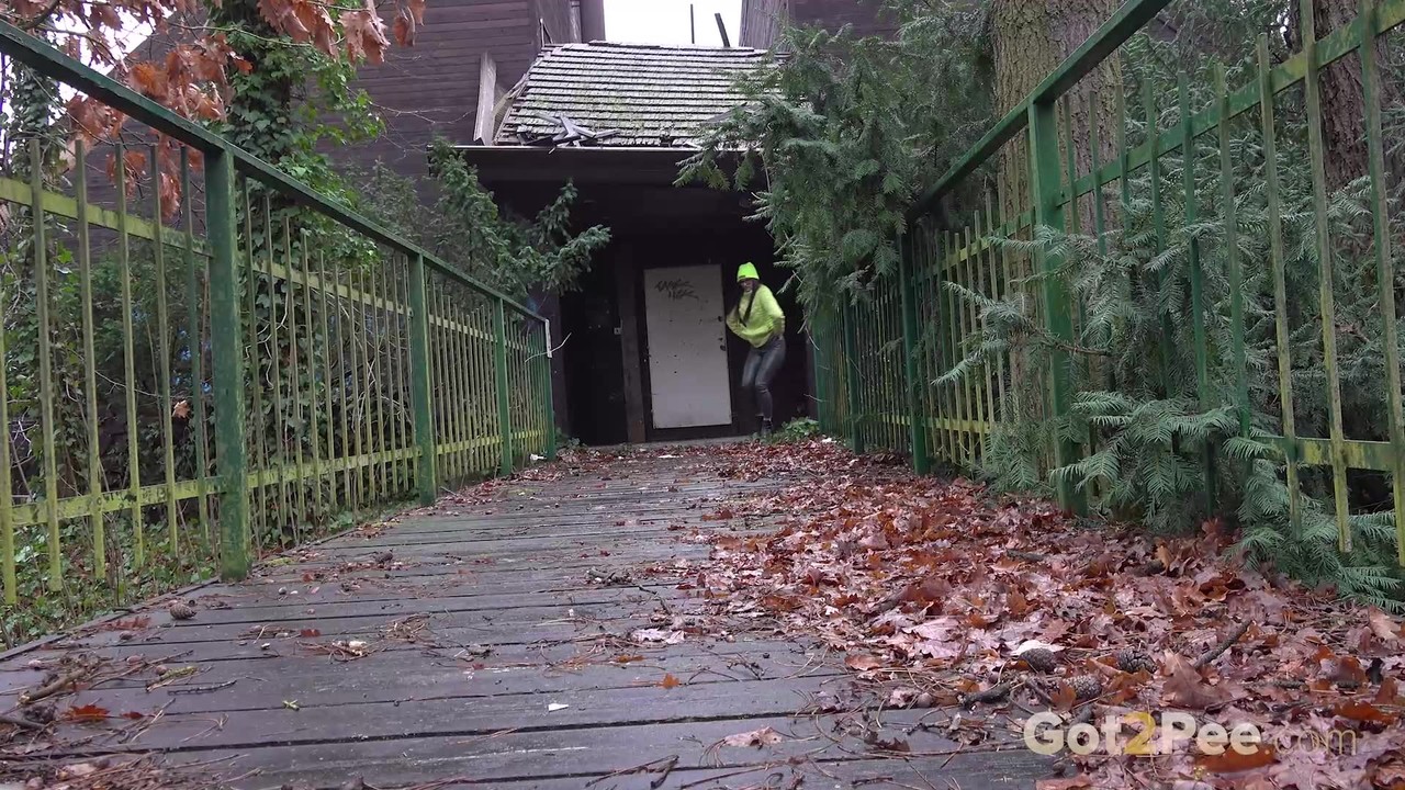 बारबरा बीबर अकेली पत्तों से भरी तख़्तों पर पेशाब करती हुई धूसर दिन