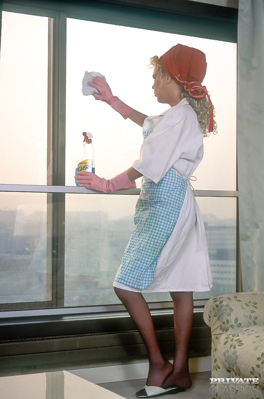 窓拭き後に輪姦されたラテックス手袋の金髪主婦