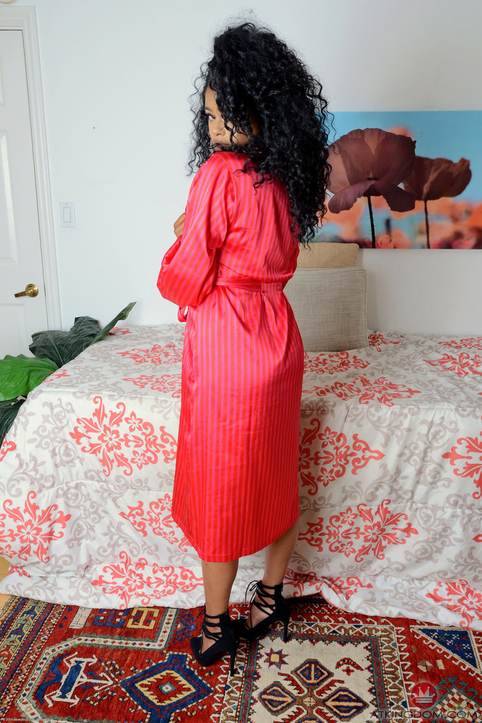 Ebony Babe Unleashes Big Tits and Bald Pussy from Satin Lingerie