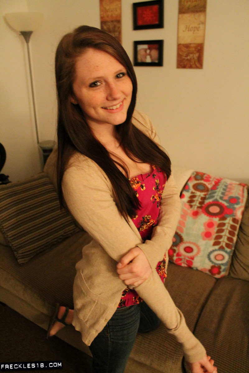 Freckles 18 Solo Girl Covers Her Naked Tits and Pussy on Sofa