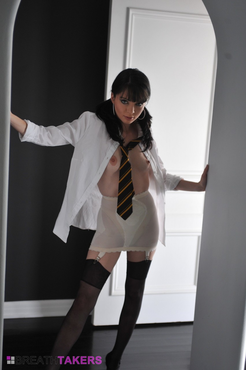 Dark Haired Beauty Jessi Palmer Topless In Retro Girdle And Nylons