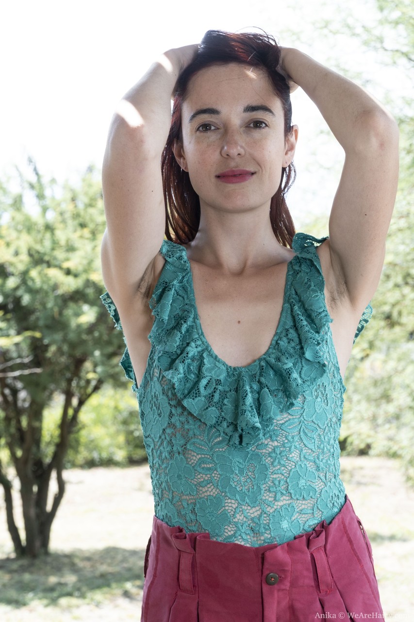 Outdoor Hairy Babe Anika Plays With Nipples And Pussy