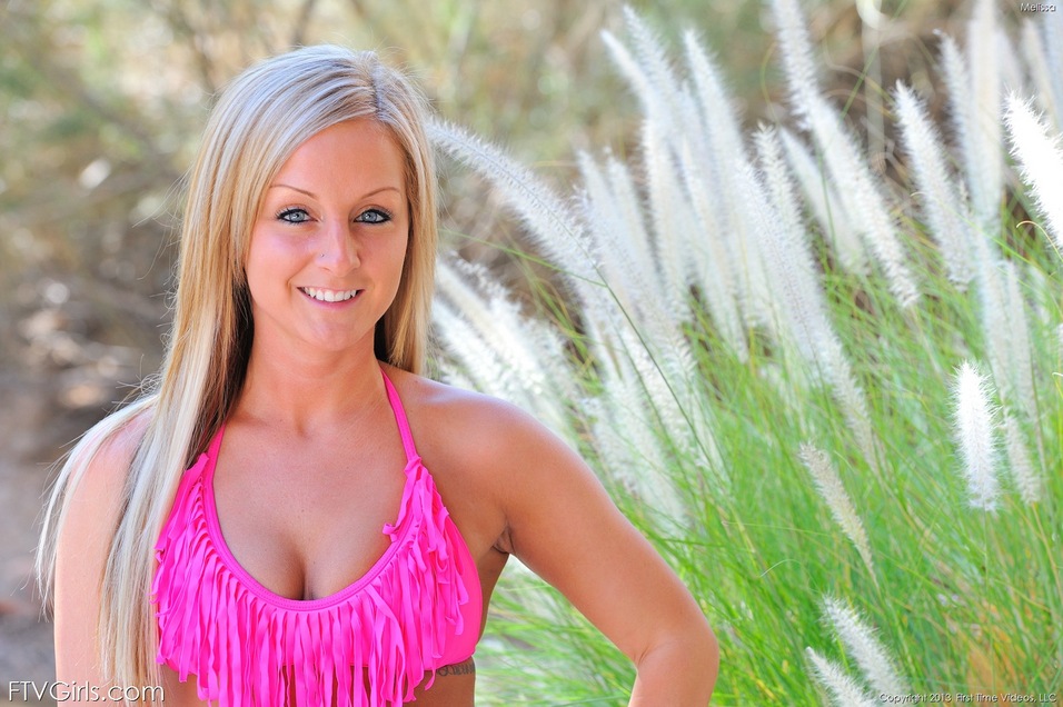 Blonde Stuffs Bikini Panties In Shaved Pussy At Park