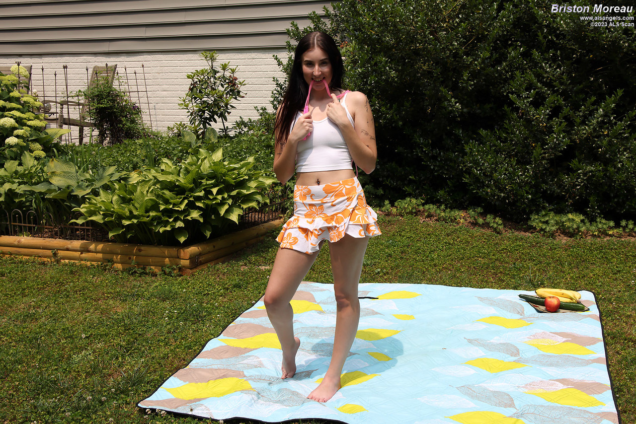 Briston Moreau: Brunette Teen Masturbates with Cucumber and Banana in Yard