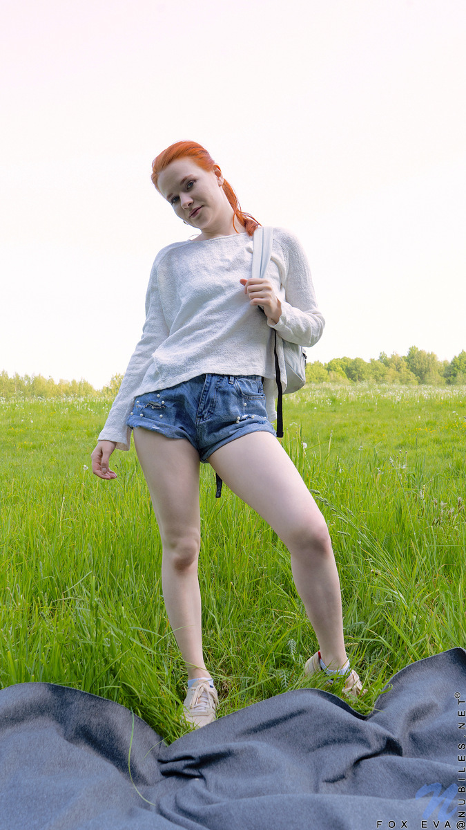 Pale Redheaded Teen Fox Eva Gets Naked On A Blanket In A Field