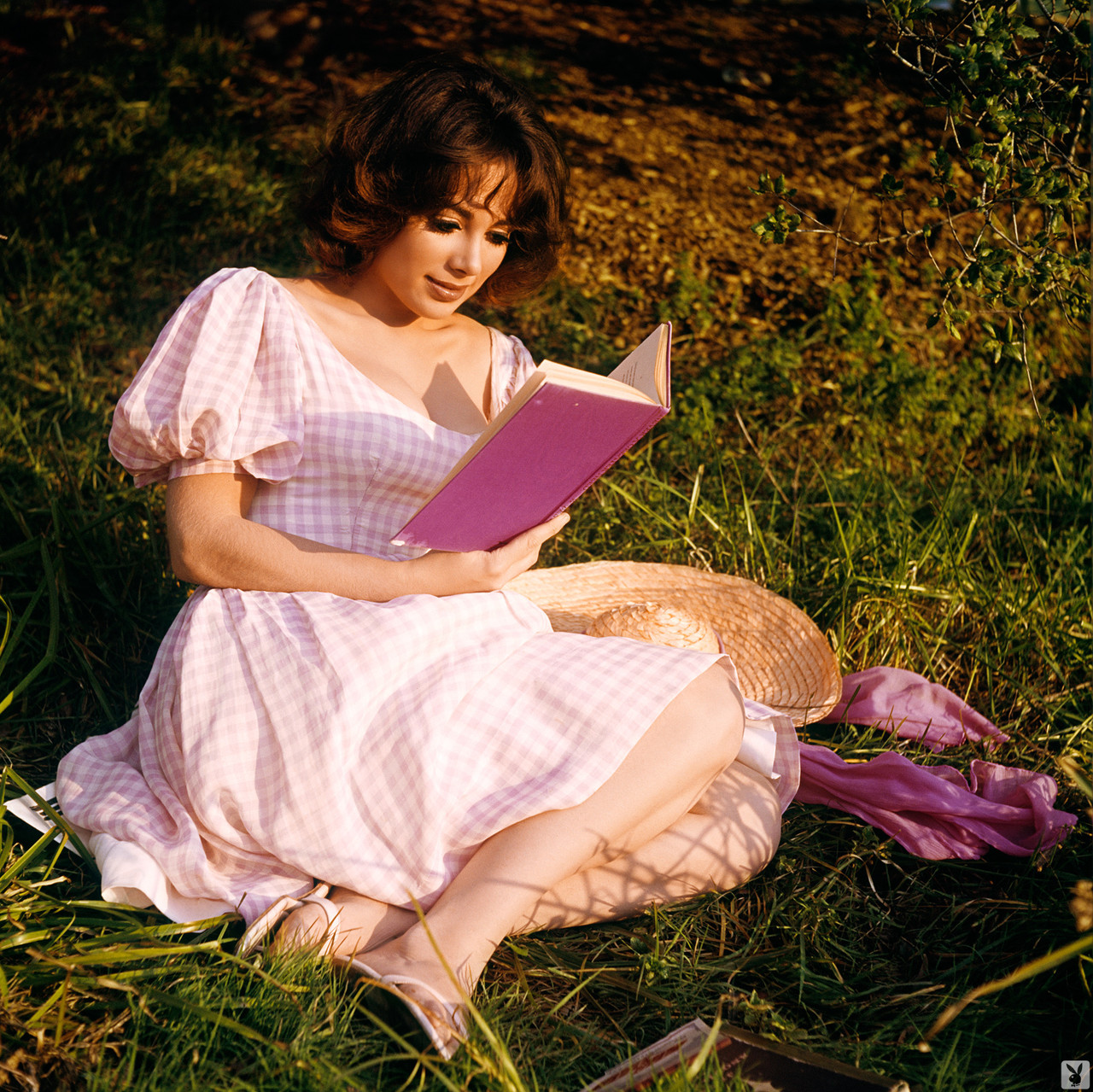 美しいブルネット Merissa Mathes が赤いドレスでポーズを取り誘惑する