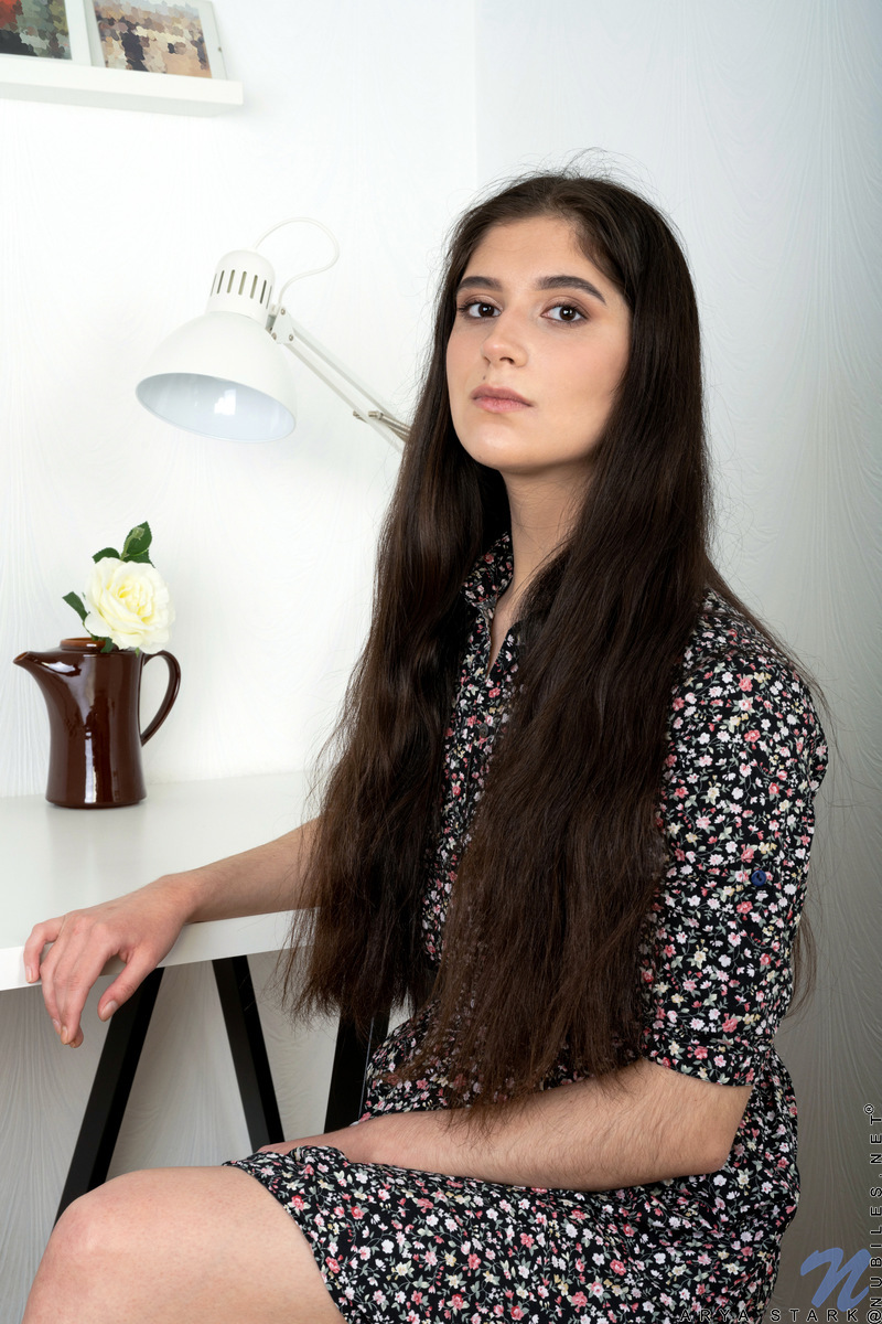 長い茶色の髪をした若い少女アーリア・スタークがスツールで完全に裸になる