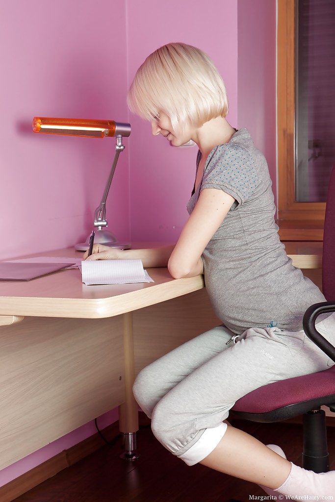 Hairy Margarita Shows Off Tiny Tits And Spreads Moist Pussy