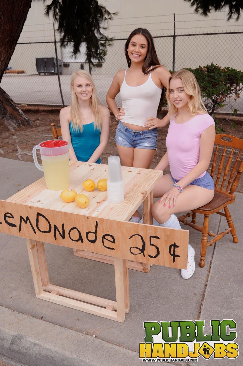 Public Handjob From Naughty Schoolgirls Serving Lemonade