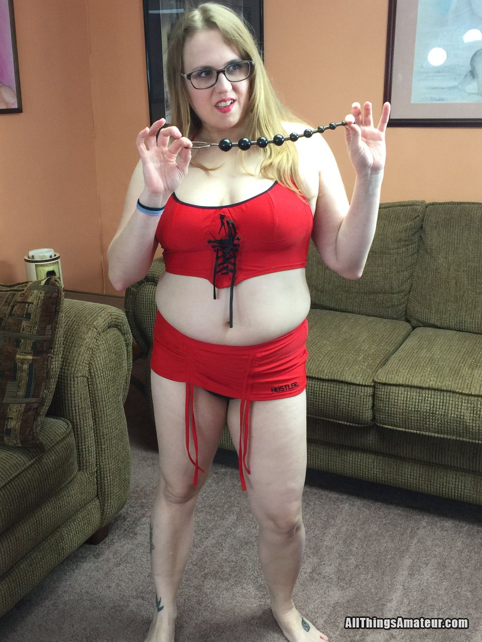 Chubby Blonde In Glasses Toys Asshole Then Masturbates Pussy