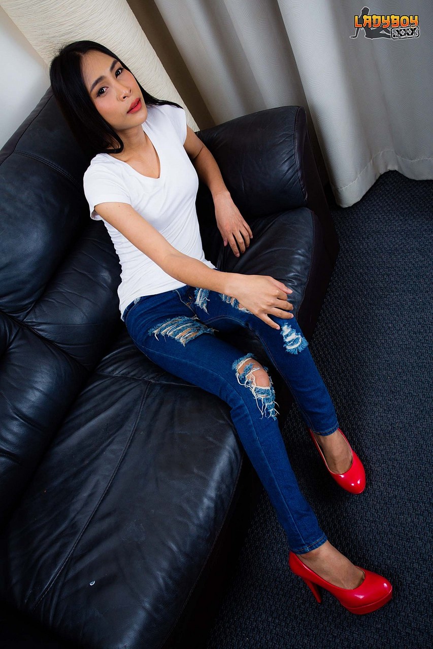 Raven-Haired Asian Shemale Pang Shows Big Tits And Ass And Jerks Off