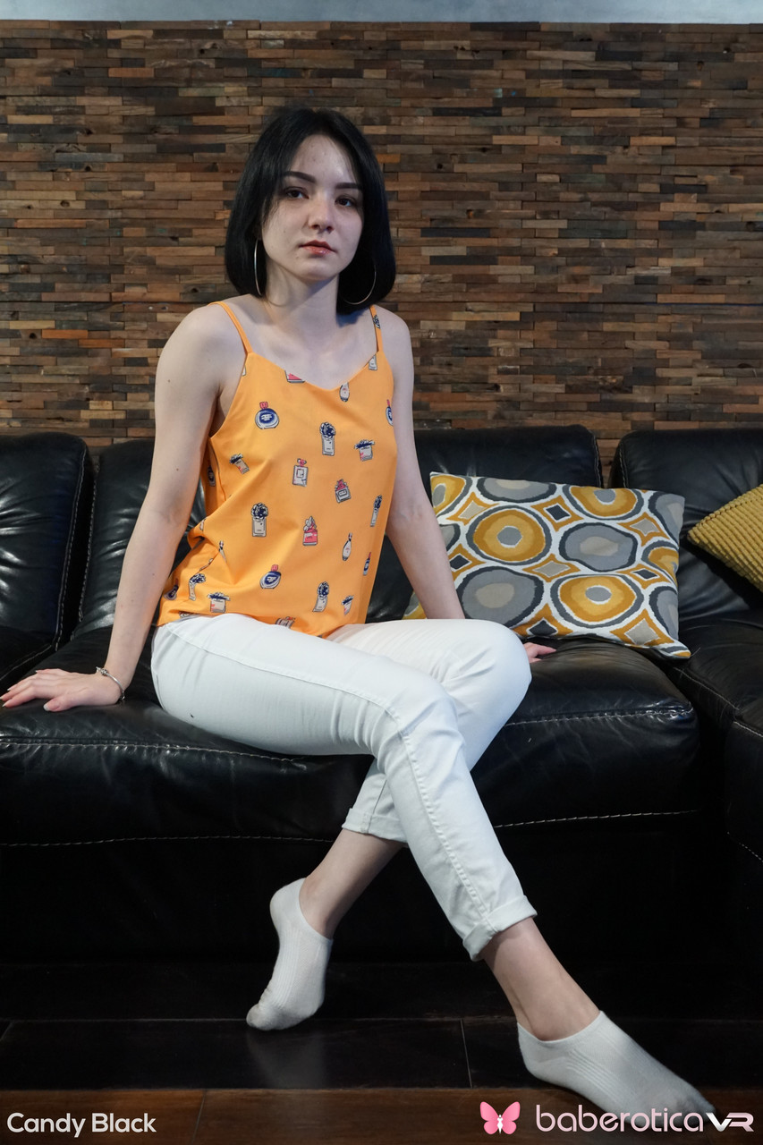 Dark Haired Teen Candy Black Strips In Ankle Socks Then Masturbates