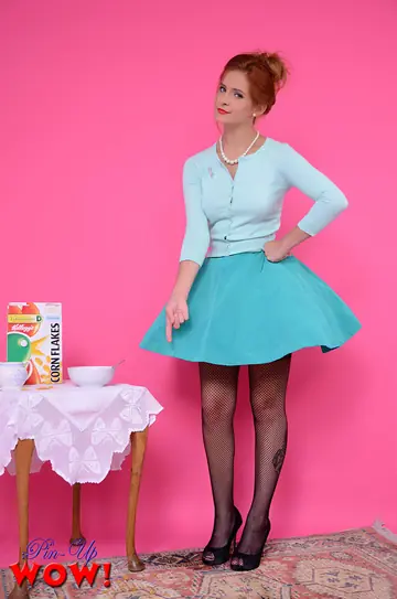 Elle Richie – Slim Redhead Strips to Stockings and Heels