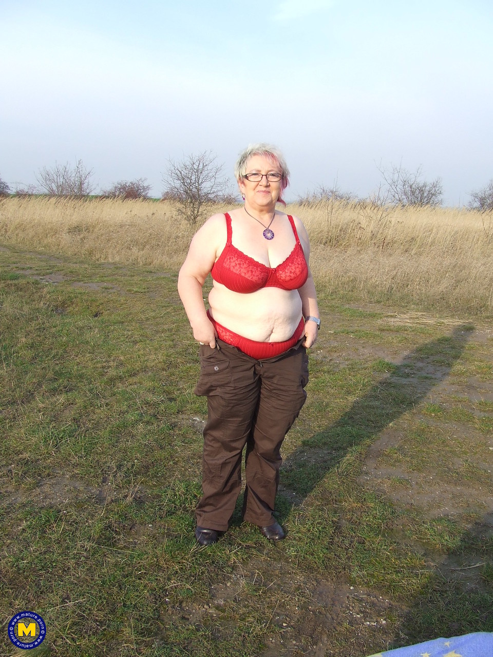 Wild Granny With Huge Saggy Tits Silke Poses In Lingerie & Masturbates Outside