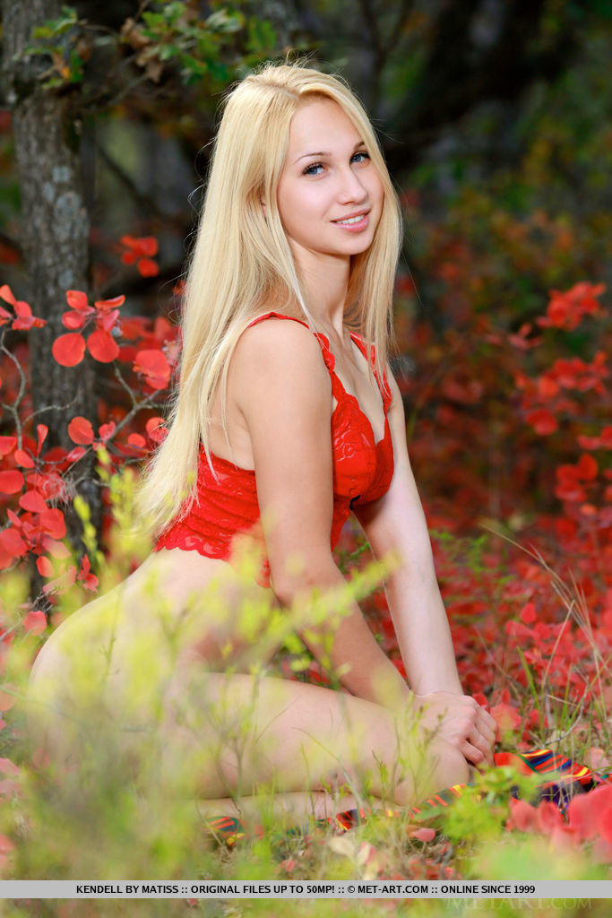 若いロシアのブロンドのケンドルが森の近くでピンクの膣を裸で見せる