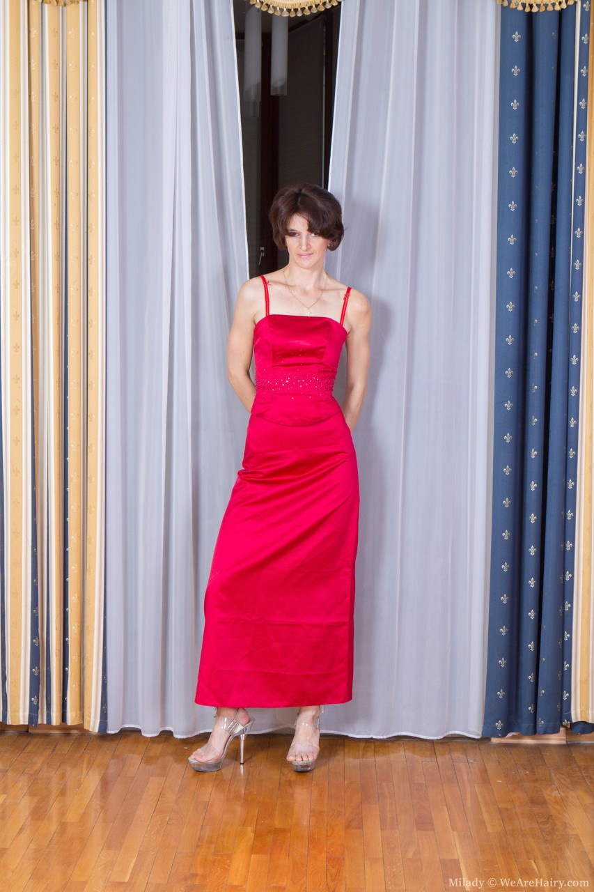 Skinny Milady Strips Red Gown To Show Hot Ass And Toy Her Hairy Slit