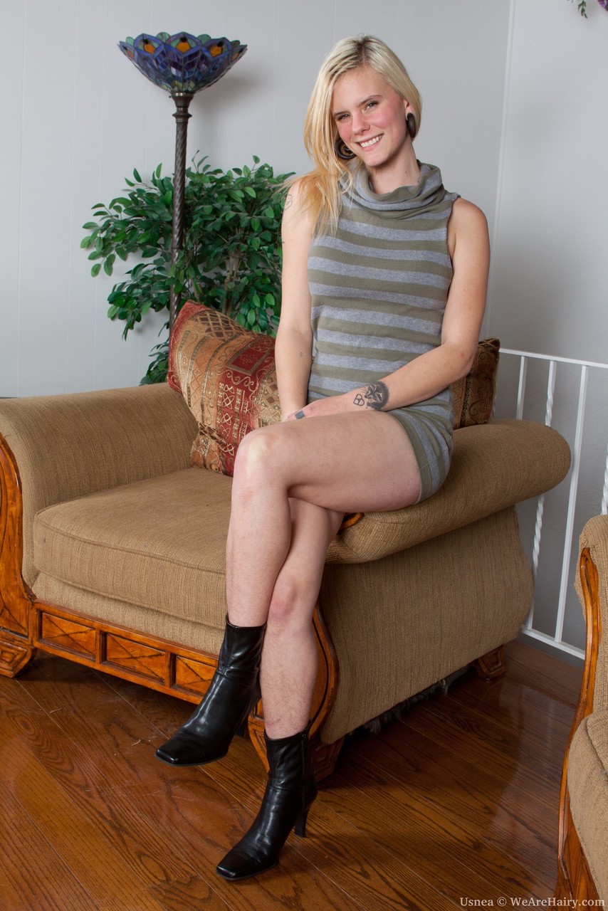 All Natural Blonde Undresses And Spreads Her Hairy Pussy Lips On Chair