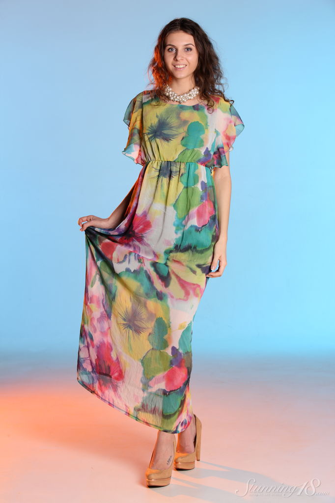 Sweet 18-Year-Old Brunette Anita H Strips Long Dress To Pose Nude